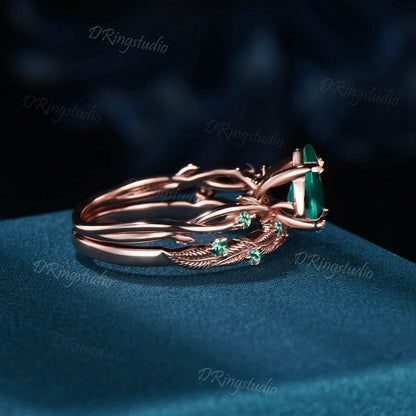 Twig Green Emerald Ring Vintage Women Nature Inspired Engagement Ring Bridal Set Birthstone May Leaf Wedding Band Unique Anniversary Gifts