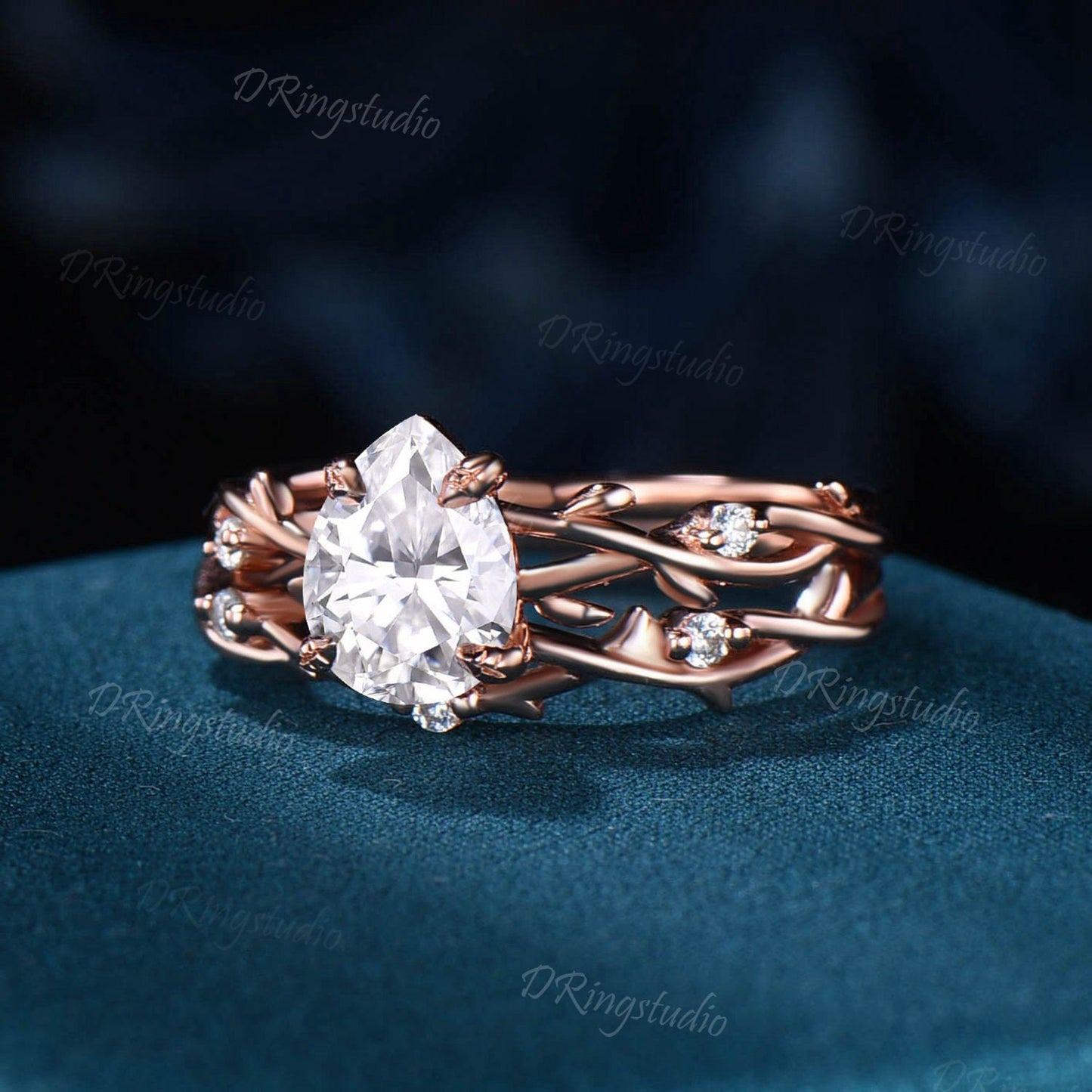 Vintage Moissanite Wedding Ring Set Pear Cut Nature Inspired Unique Twig Bridal Engagement Band Vine Design Rose Gold Proposal Gifts for Her