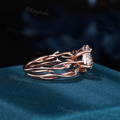 Vintage Moissanite Wedding Ring Set Pear Cut Nature Inspired Unique Twig Bridal Engagement Band Vine Design Rose Gold Proposal Gifts for Her