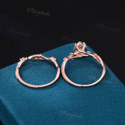 Vintage Moissanite Wedding Ring Set Pear Cut Nature Inspired Unique Twig Bridal Engagement Band Vine Design Rose Gold Proposal Gifts for Her