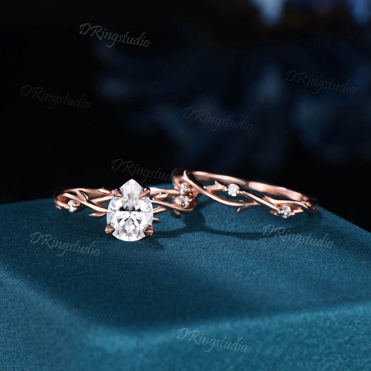 Vintage Moissanite Wedding Ring Set Pear Cut Nature Inspired Unique Twig Bridal Engagement Band Vine Design Rose Gold Proposal Gifts for Her