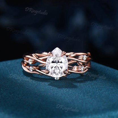 Vintage Moissanite Wedding Ring Set Pear Cut Nature Inspired Unique Twig Bridal Engagement Band Vine Design Rose Gold Proposal Gifts for Her