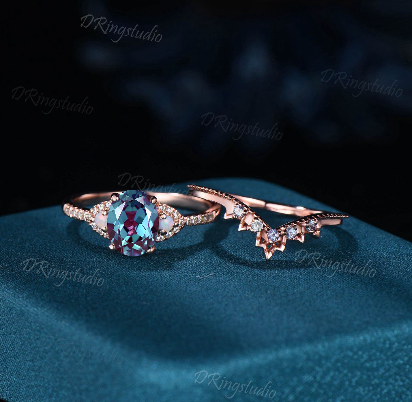 Vintage Oval Alexandrite Wedding Ring Set Diamond Halo Rose Gold Ring For Women Matching Stacking Band Opal Engagement Ring Unique Art Deco