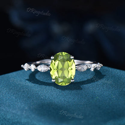 Natural Peridot Moonstone Ring August Birthstone Moissanite Engagement Ring Rose gold Oval cut Peridot Ring Women Promise Gift Unique Rings