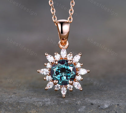 Blue Opal Art Deco Necklace, Rose Gold Birthstone Necklace, Vintage Opal Pendant, Moissanite Necklace Pendant for Women, Valentines Gifts