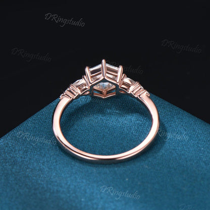 Hexagon cut Starry Blue Sandstone Ring Minimalist Ring Rose Gold Simulated Diamond Wedding Ring Art Deco Unique Anniversary Gift for Women