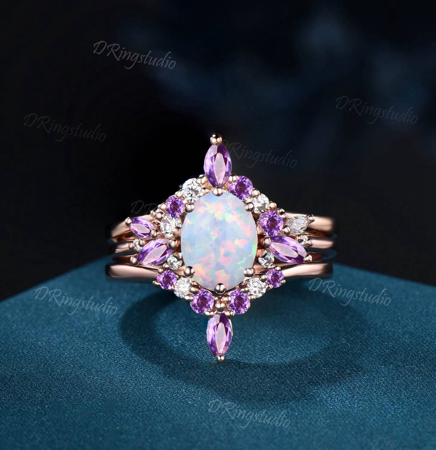 3pcs Opal Bridal Ring Set Vintage Oval White Opal Engagement Ring 14k Rose Gold Amethyst Cluster Wedding Ring Set October Birthstone Jewelry