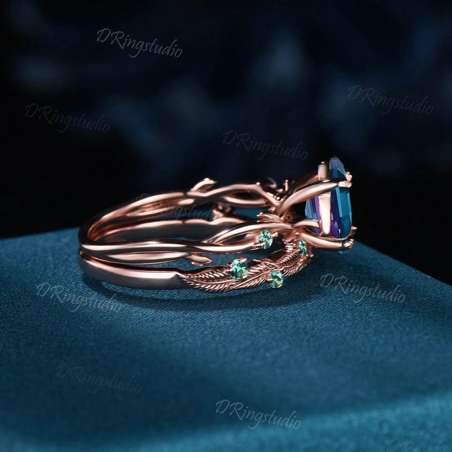 Nature Inspired Pear Alexandrite & Emerald Engagement Ring Vintage Twig Bridal Set June Birthstone Leaf Wedding Band Unique Anniversary Gift