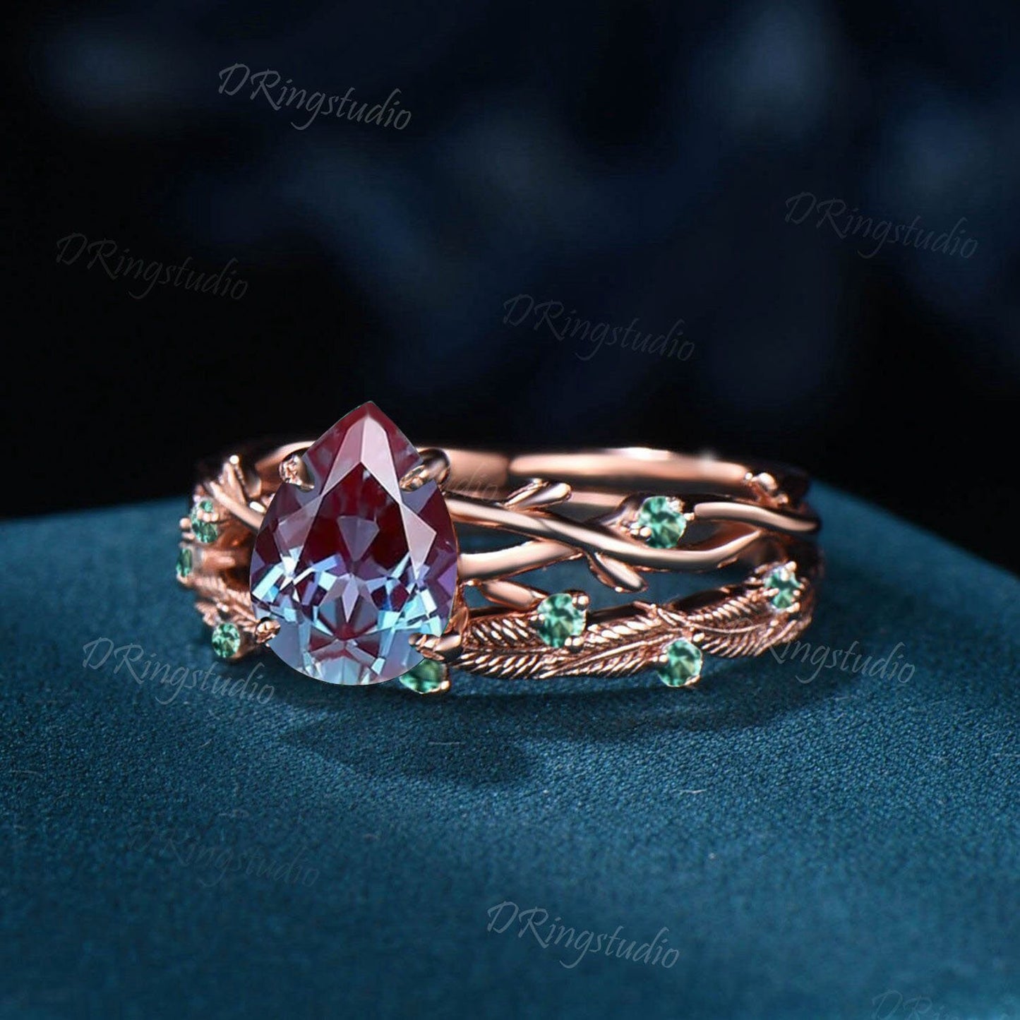 Nature Inspired Pear Alexandrite & Emerald Engagement Ring Vintage Twig Bridal Set June Birthstone Leaf Wedding Band Unique Anniversary Gift