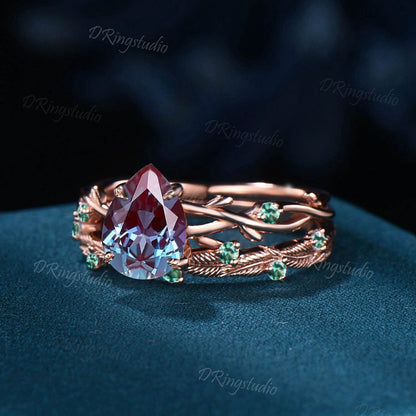 Nature Inspired Pear Alexandrite & Emerald Engagement Ring Vintage Twig Bridal Set June Birthstone Leaf Wedding Band Unique Anniversary Gift