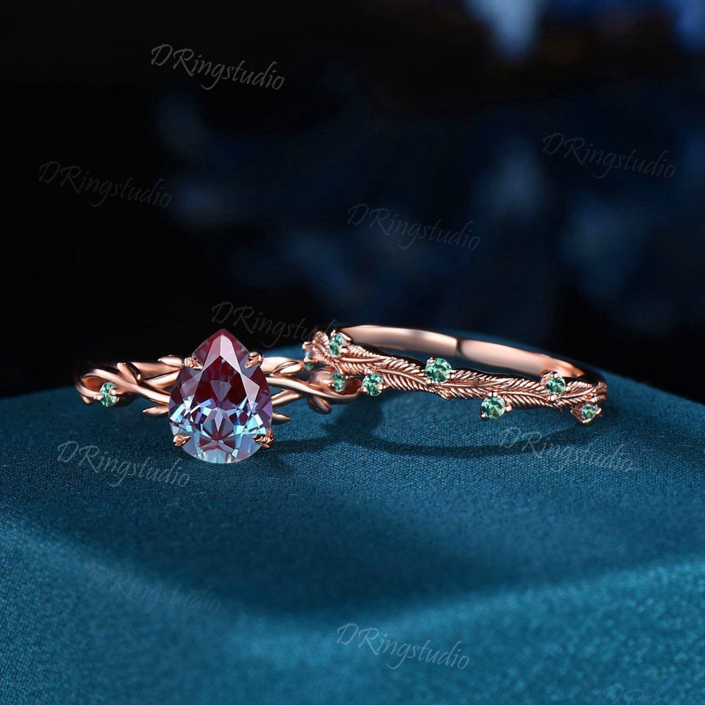 Nature Inspired Pear Alexandrite & Emerald Engagement Ring Vintage Twig Bridal Set June Birthstone Leaf Wedding Band Unique Anniversary Gift