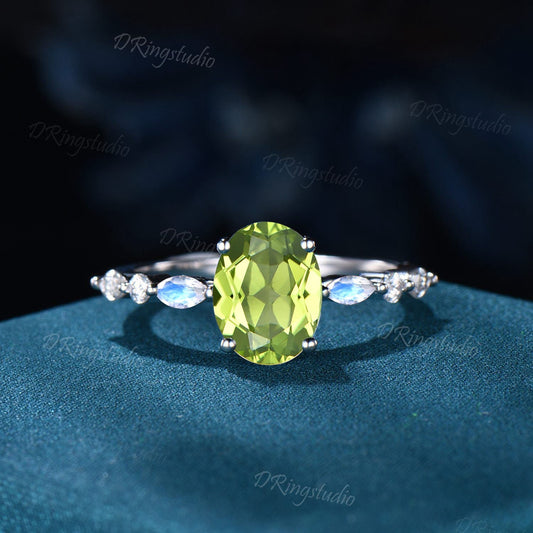 Natural Peridot Moonstone Ring August Birthstone Moissanite Engagement Ring Rose gold Oval cut Peridot Ring Women Promise Gift Unique Rings