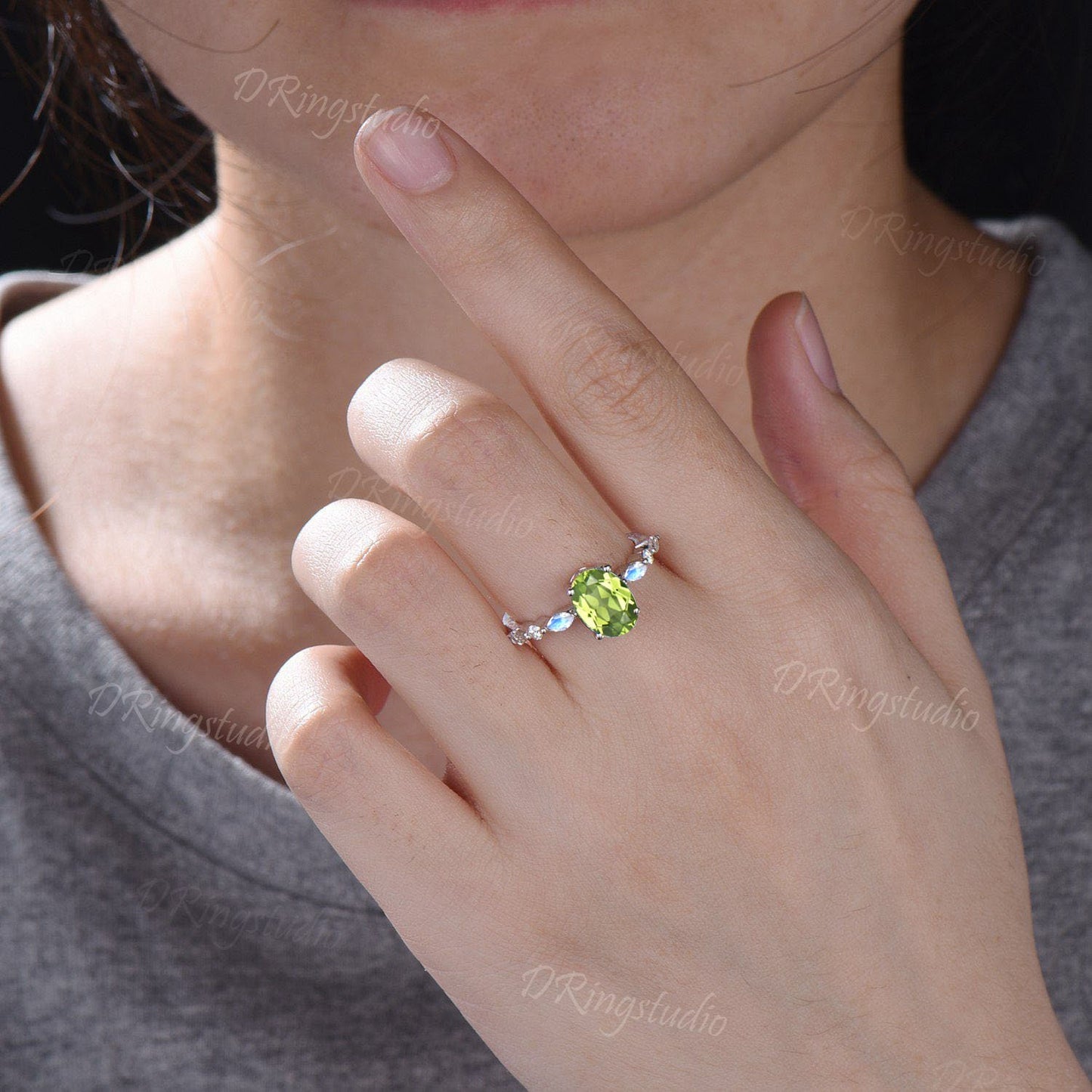 Natural Peridot Moonstone Ring August Birthstone Moissanite Engagement Ring Rose gold Oval cut Peridot Ring Women Promise Gift Unique Rings