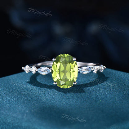 Natural Peridot Moonstone Ring August Birthstone Moissanite Engagement Ring Rose gold Oval cut Peridot Ring Women Promise Gift Unique Rings