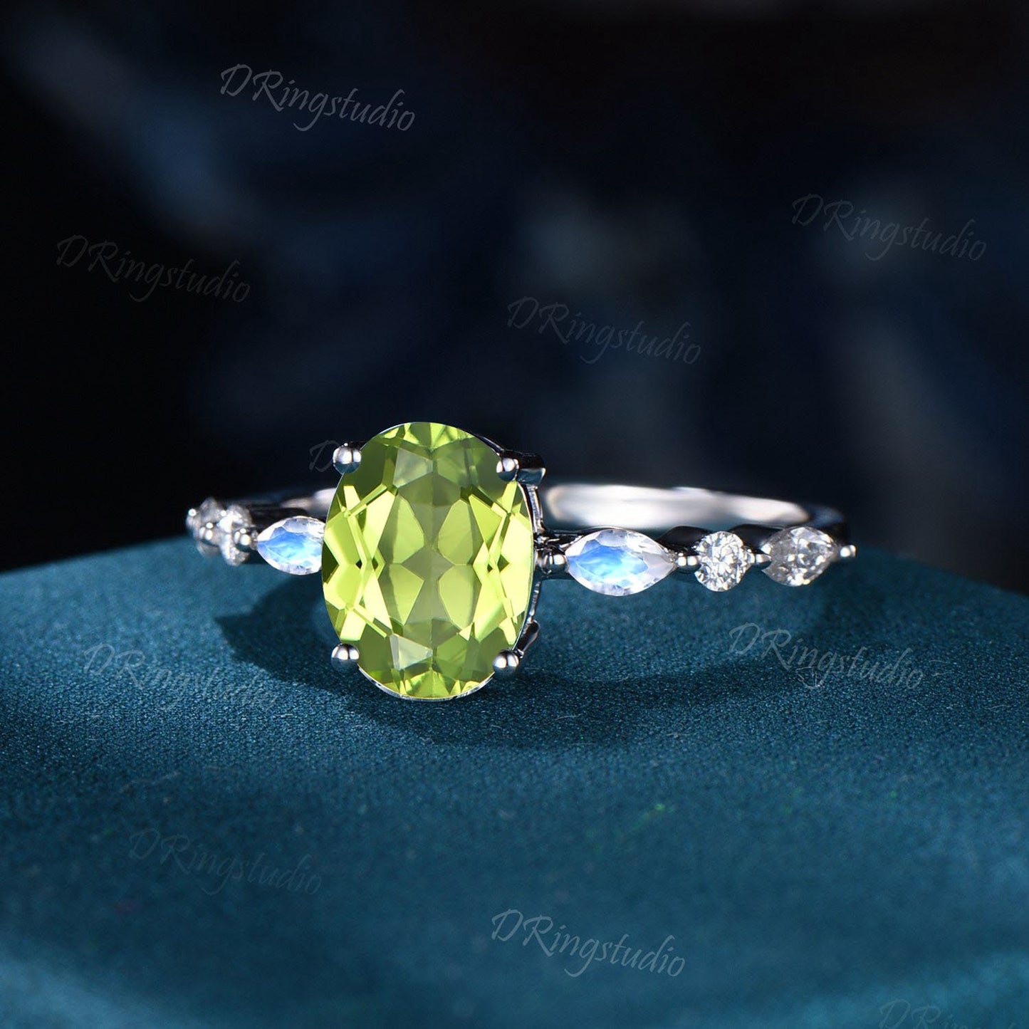 Natural Peridot Moonstone Ring August Birthstone Moissanite Engagement Ring Rose gold Oval cut Peridot Ring Women Promise Gift Unique Rings