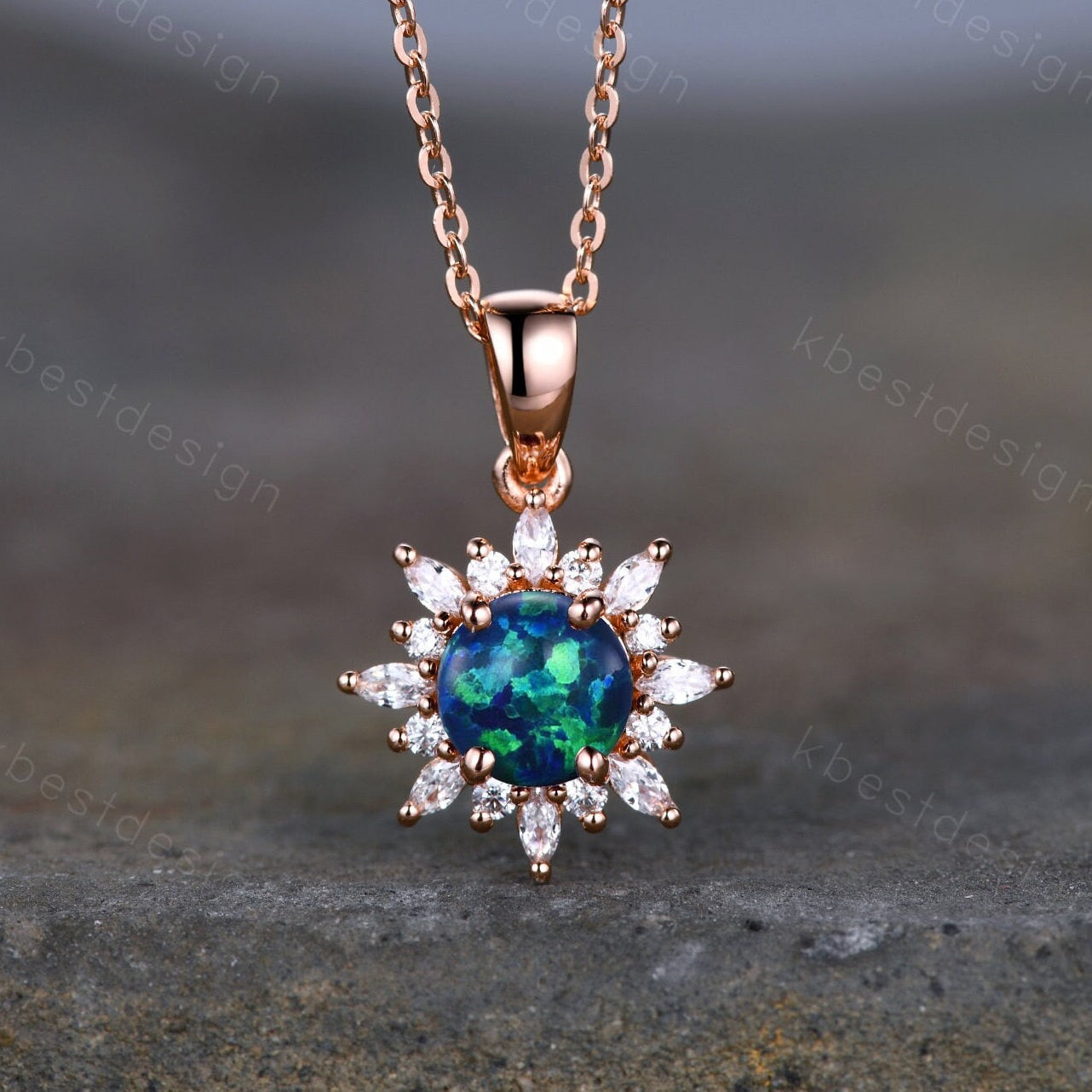 Blue Opal Art Deco Necklace, Rose Gold Birthstone Necklace, Vintage Opal Pendant, Moissanite Necklace Pendant for Women, Valentines Gifts