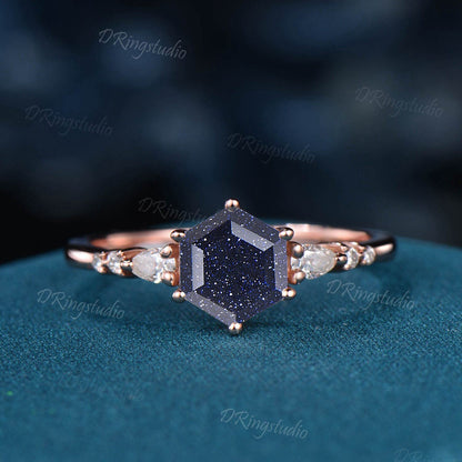 Hexagon cut Starry Blue Sandstone Ring Minimalist Ring Rose Gold Simulated Diamond Wedding Ring Art Deco Unique Anniversary Gift for Women