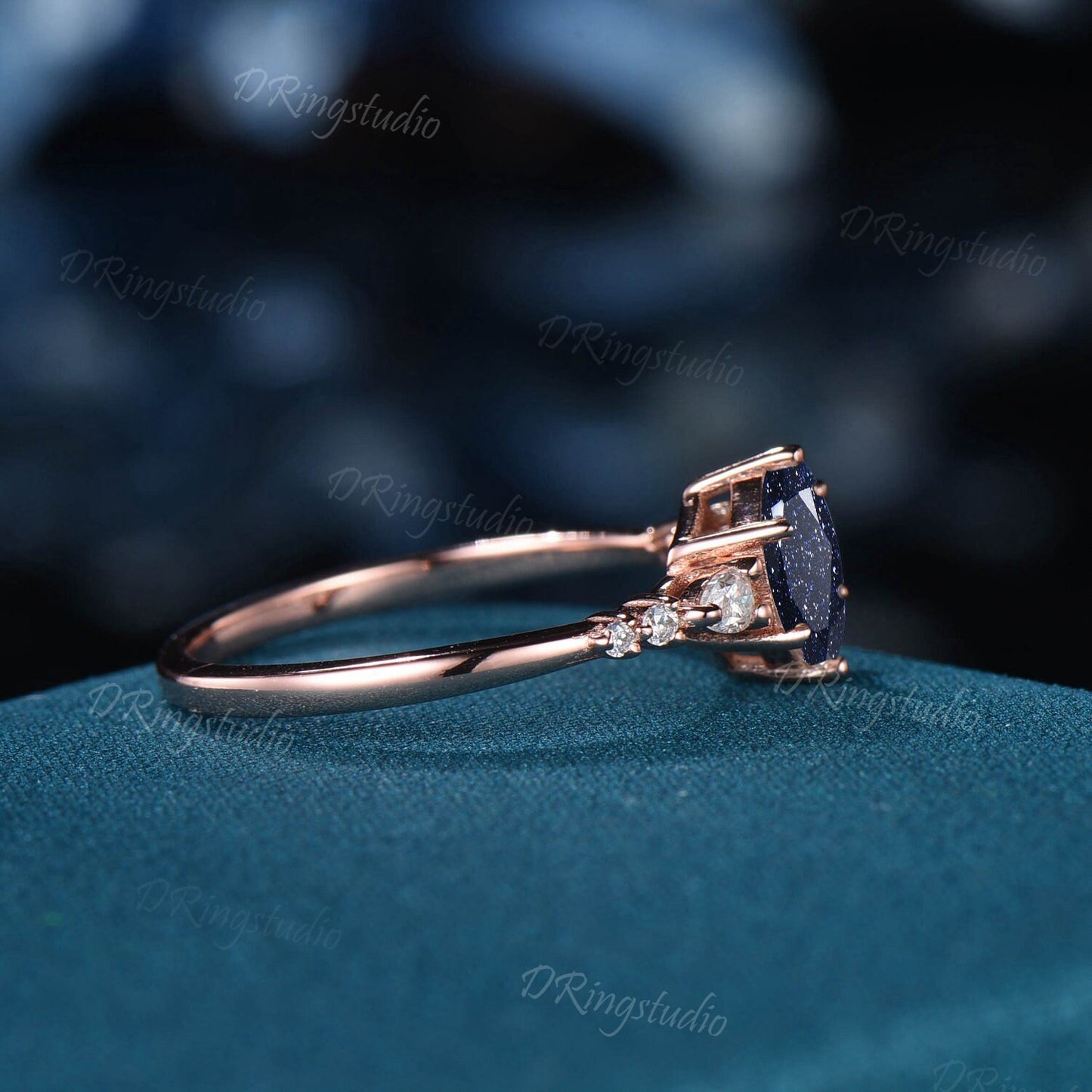 Hexagon cut Starry Blue Sandstone Ring Minimalist Ring Rose Gold Simulated Diamond Wedding Ring Art Deco Unique Anniversary Gift for Women