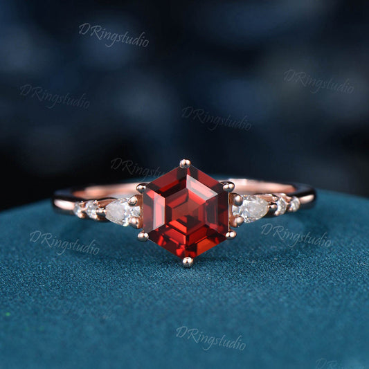 Hexagon Red Ruby Engagement Ring Rose Gold Minimalist Ring Simulated Diamond Wedding Ring Art Deco Unique Anniversary Gift for Women