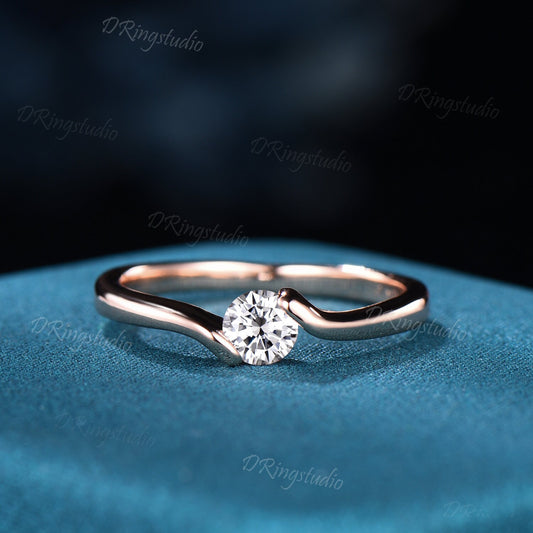 Bypass Round Moissanite Engagement Ring Rose Gold Solitaire Ring Stackable Wedding Daily Wear Ring Unique Minimalist Rings For Women