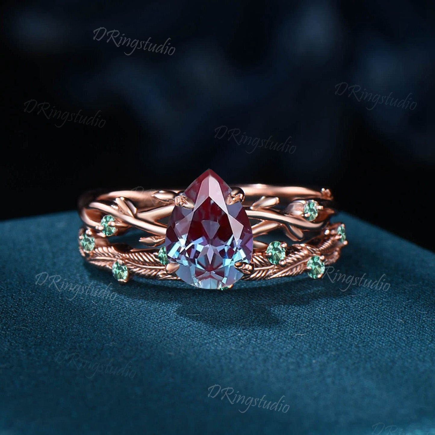 Nature Inspired Pear Alexandrite & Emerald Engagement Ring Vintage Twig Bridal Set June Birthstone Leaf Wedding Band Unique Anniversary Gift