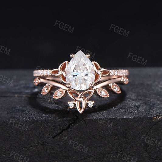 1.25CTW Pear Cut Lab Grown Diamond Celtic Bridal Ring Set Half Eternity Band Trinity Knot Real Diamond Wedding Ring with IGI Certificate