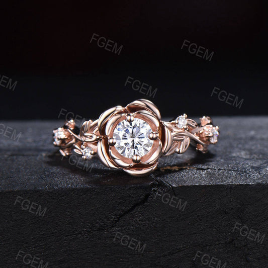 Vintage Brilliant Diamond Engagement Ring 5mm (0.5CTW) Round Lab Grown Diamond IGI Certificate Wedding Ring for Women Unique Nature Inspired Diamond Ring