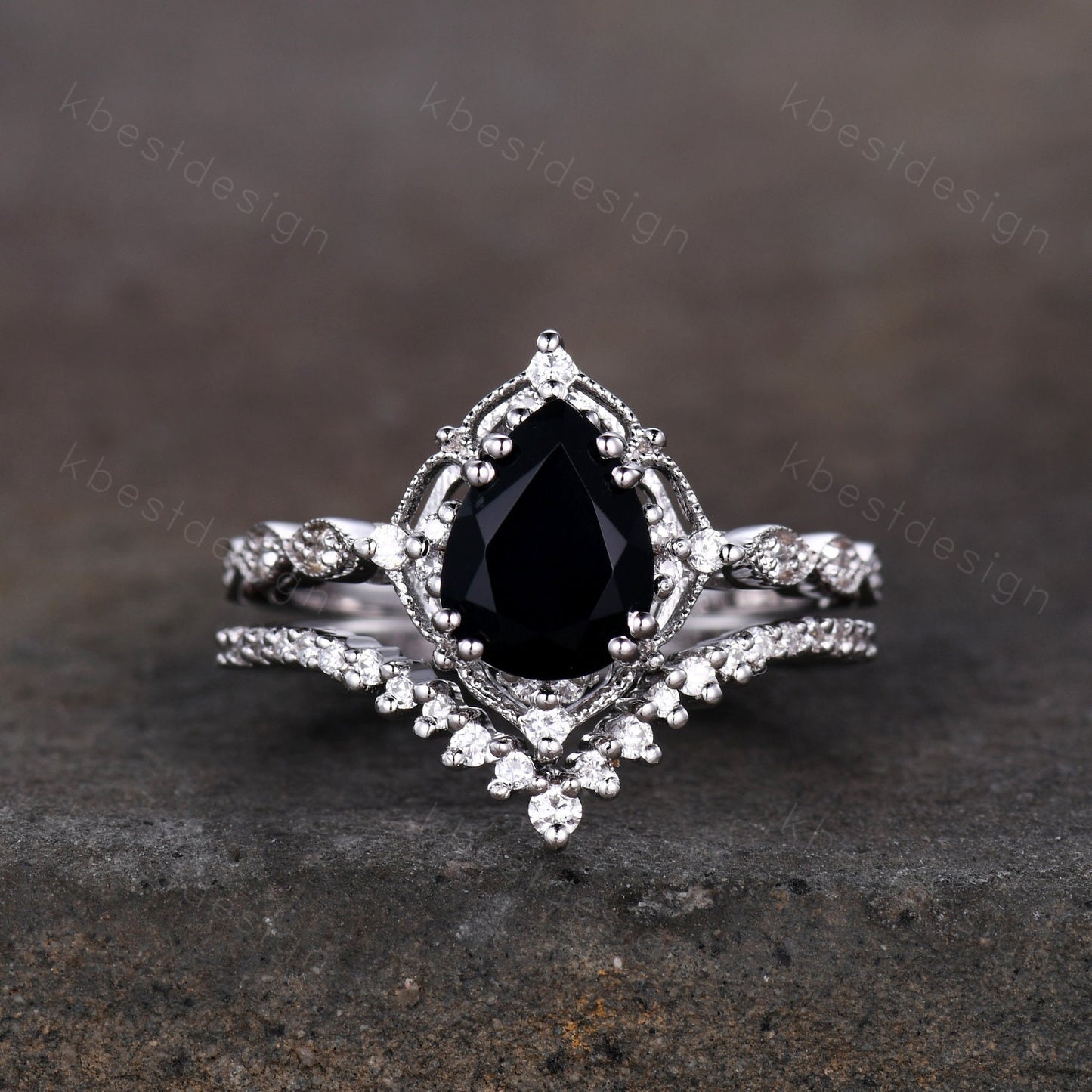 Vintage black onyx engagement ring rose gold ring art deco curved stacking band pear shaped bridal set unique moissanite wedding set