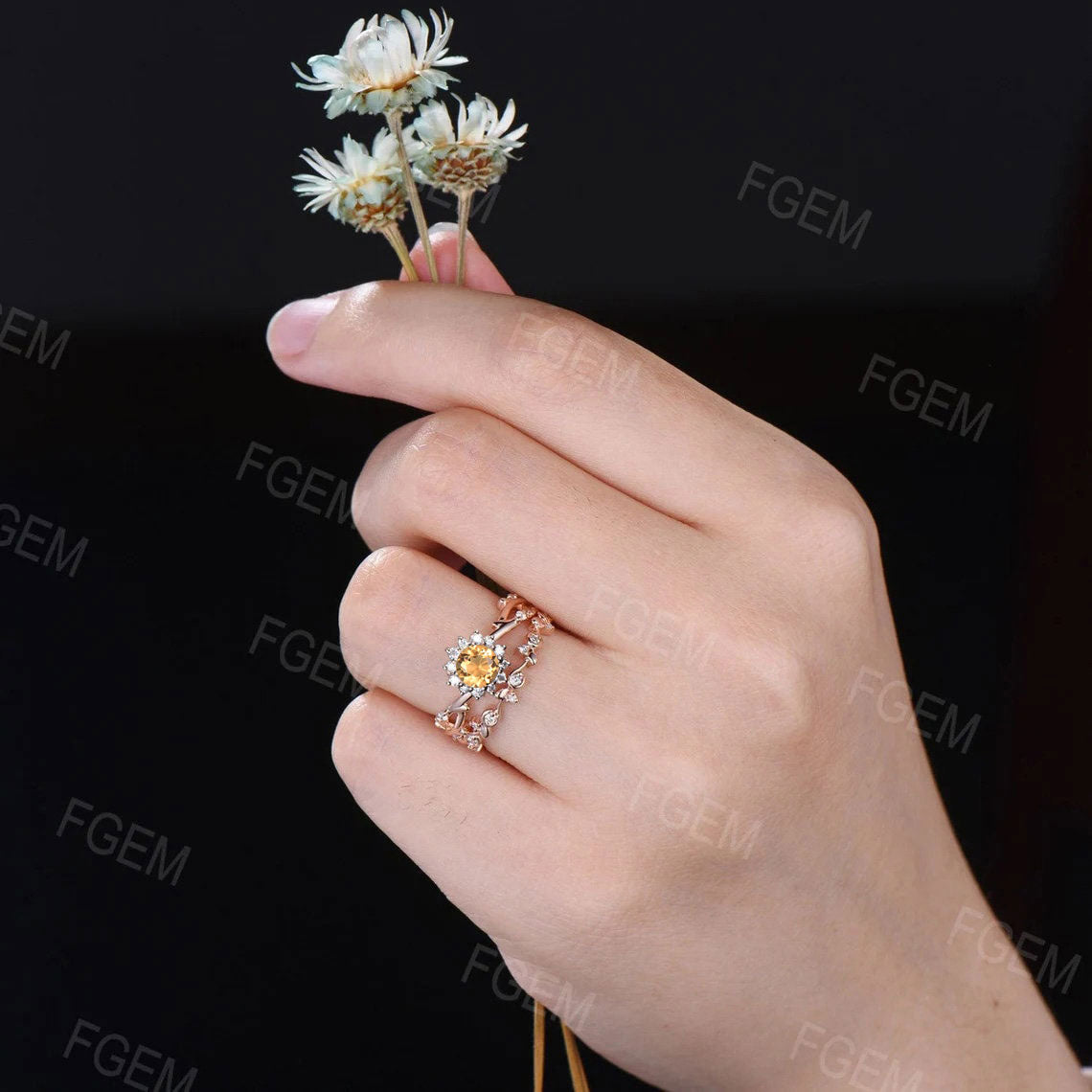 Round Citrine Sunflower Ring Twig Vine Bridal Set Sunflower Wedding Ring White Gold Floral Spring Platinum Promise Rings