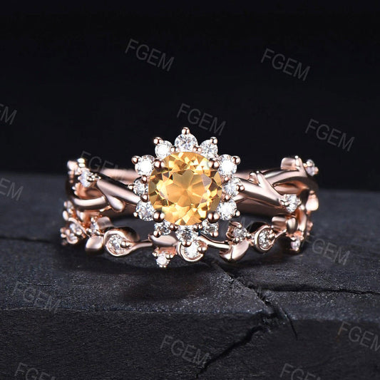 Round Citrine Sunflower Ring Twig Vine Bridal Set Sunflower Wedding Ring White Gold Floral Spring Platinum Promise Rings
