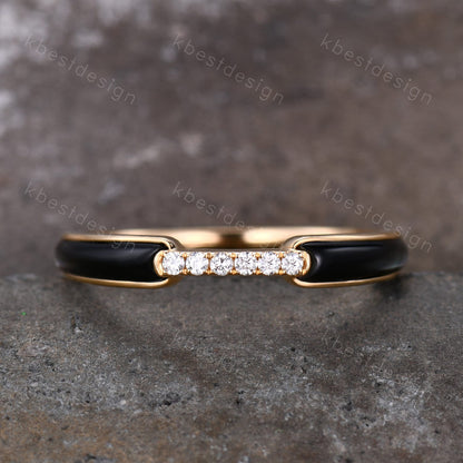 Unique Black Onyx Wedding Band Solid 14k Yellow Gold Rings Moissanite Wedding Band Half Eternity Band Vintage Bridal Anniversary Ring