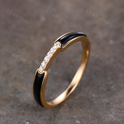 Unique Black Onyx Wedding Band Solid 14k Yellow Gold Rings Moissanite Wedding Band Half Eternity Band Vintage Bridal Anniversary Ring