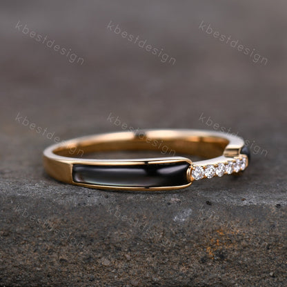 Unique Black Onyx Wedding Band Solid 14k Yellow Gold Rings Moissanite Wedding Band Half Eternity Band Vintage Bridal Anniversary Ring