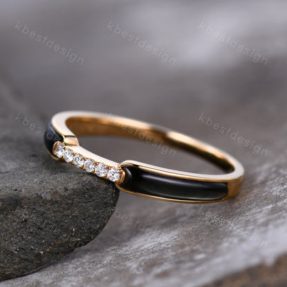 Unique Black Onyx Wedding Band Solid 14k Yellow Gold Rings Moissanite Wedding Band Half Eternity Band Vintage Bridal Anniversary Ring