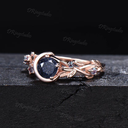 Nature Inspired Galaxy Blue Goldstone Engagement Ring Moon Star Design Rose Gold Round Blue Sandstone Branch Leaf Alexandrite Wedding Ring