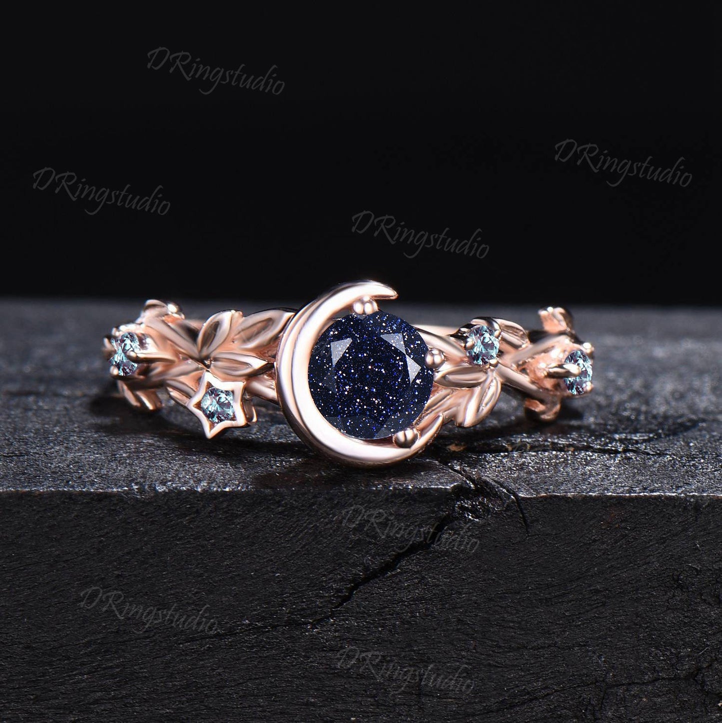 Nature Inspired Galaxy Blue Goldstone Engagement Ring Moon Star Design Rose Gold Round Blue Sandstone Branch Leaf Alexandrite Wedding Ring