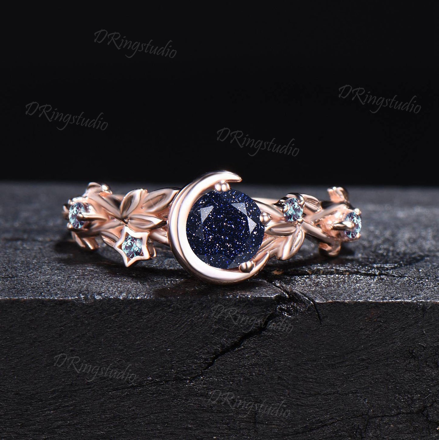 Nature Inspired Galaxy Blue Goldstone Engagement Ring Moon Star Design Rose Gold Round Blue Sandstone Branch Leaf Alexandrite Wedding Ring