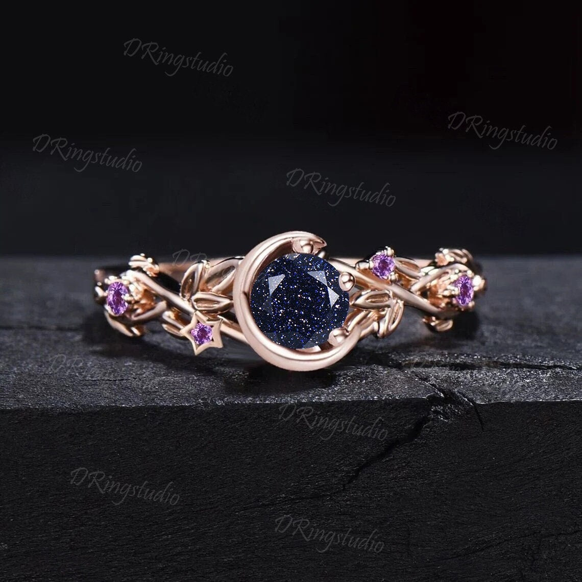 Nature Inspired Galaxy Blue Goldstone Engagement Ring Moon Star Design Rose Gold Round Blue Sandstone Branch Leaf Alexandrite Wedding Ring