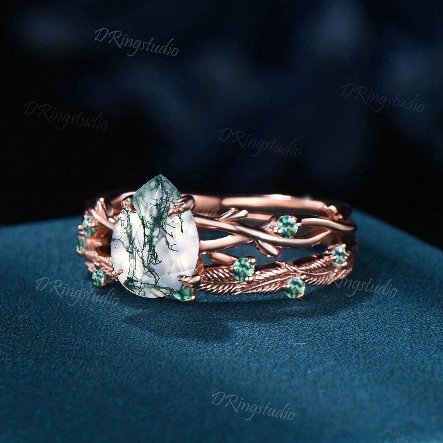 1.25ct Nature Inspired Natural Moss Agate Ring Twig Engagement Ring Set Green Emerald Branch Vine Pear Wedding Ring Aquatic Agate Bridal Set