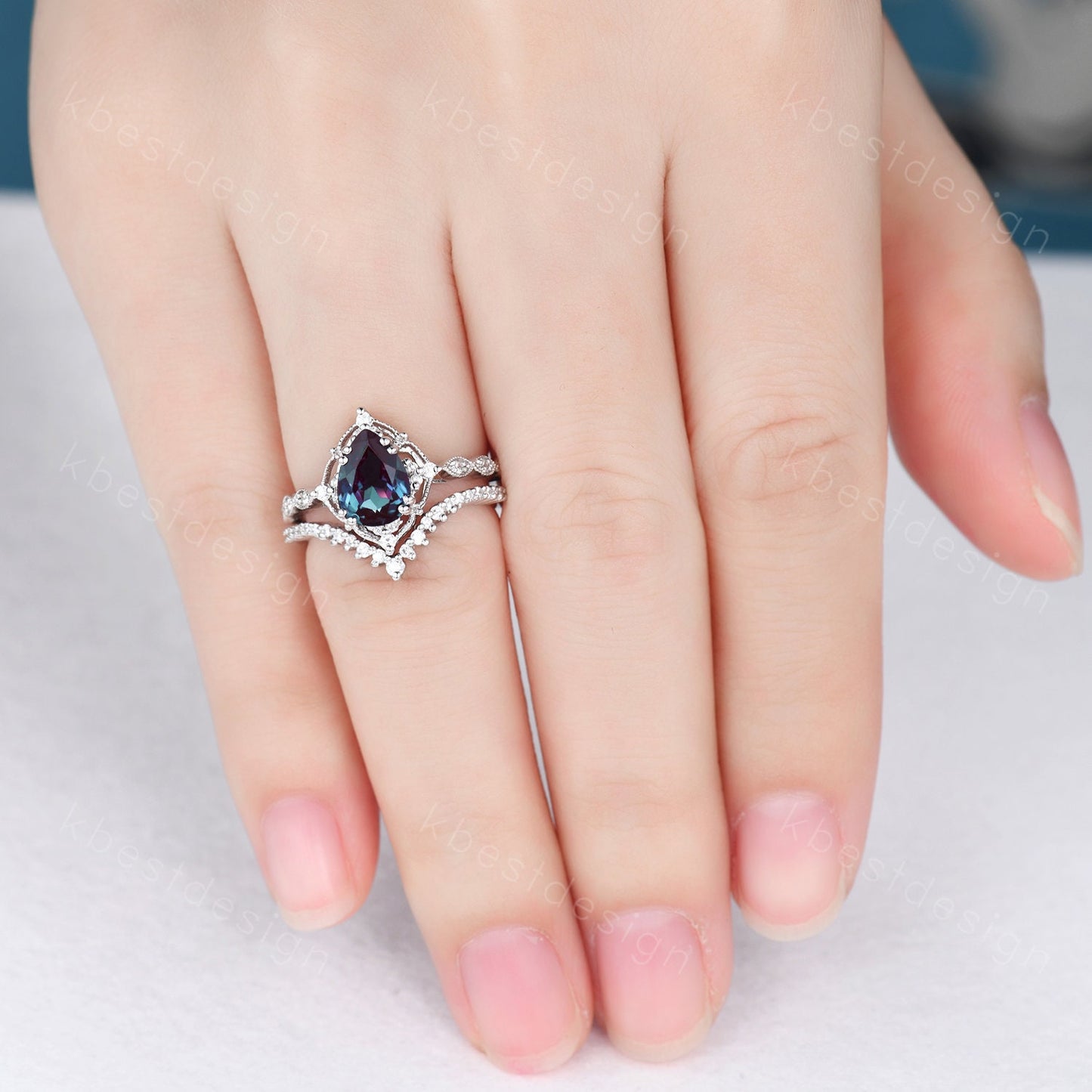 Vintage Alexandrite engagement ring set silver pear shaped alexandrite ring art deco moissanite stacking ring unique bridal promise ring set