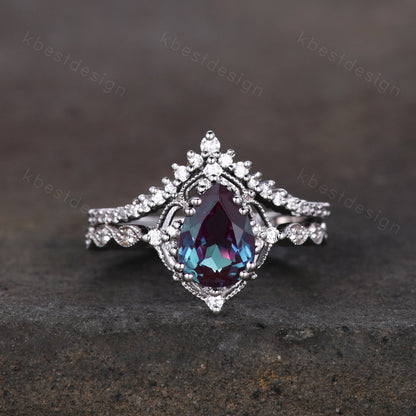 Vintage Alexandrite engagement ring set silver pear shaped alexandrite ring art deco moissanite stacking ring unique bridal promise ring set