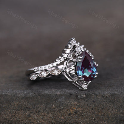 Vintage Alexandrite engagement ring set silver pear shaped alexandrite ring art deco moissanite stacking ring unique bridal promise ring set