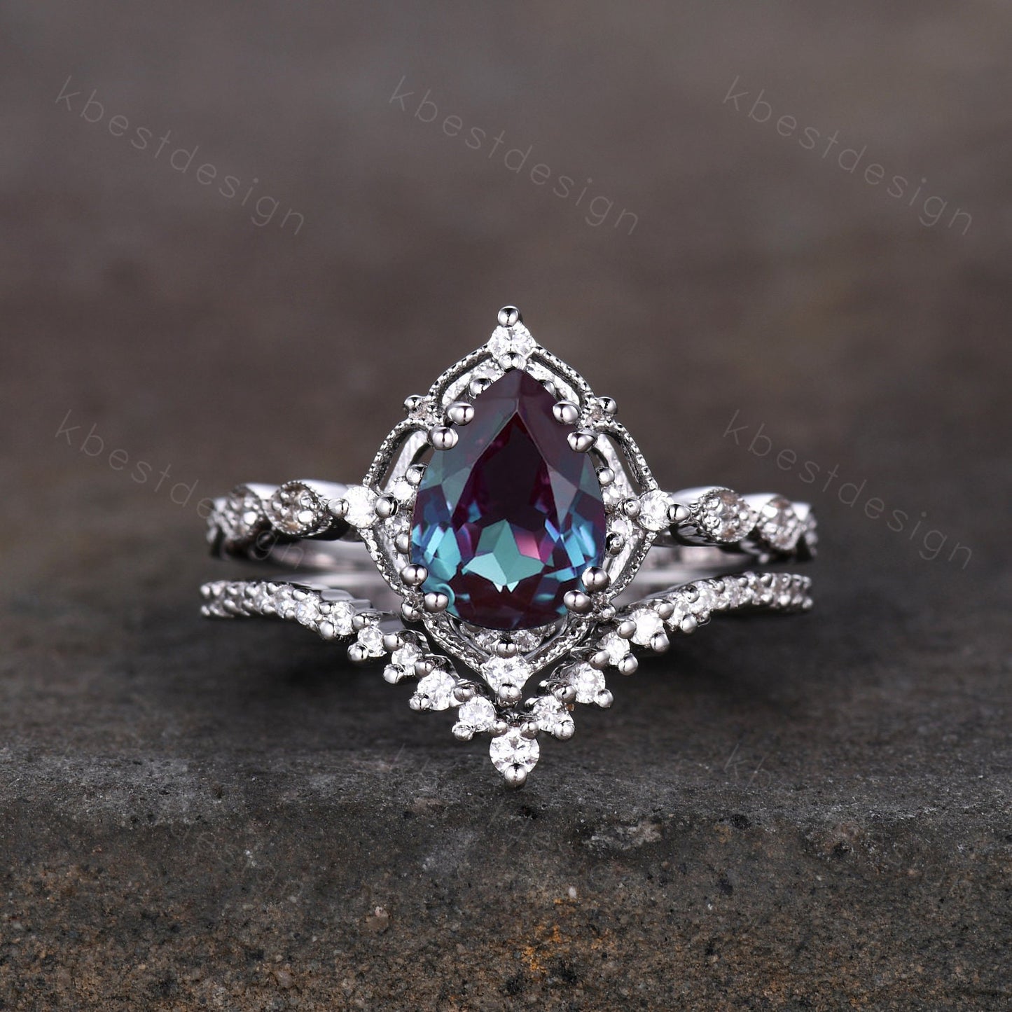 Vintage Alexandrite engagement ring set silver pear shaped alexandrite ring art deco moissanite stacking ring unique bridal promise ring set