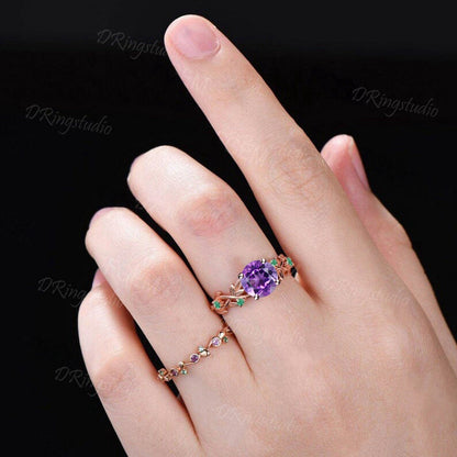 Nature Inspired Round Amethyst Emerald Branch Engagement Ring Set Natural Purple Crystal Wedding Ring Set February Birthstone Birthday Gifts