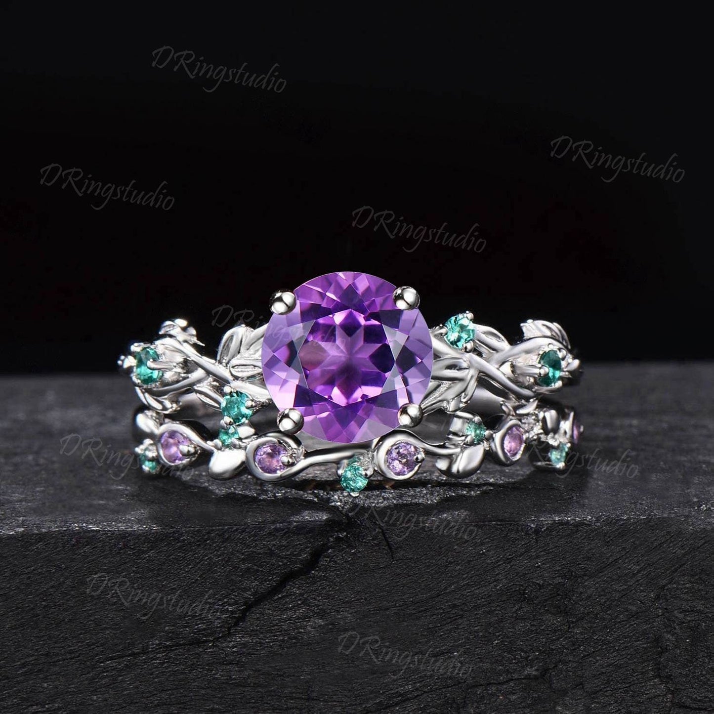 Nature Inspired Round Amethyst Emerald Branch Engagement Ring Set Natural Purple Crystal Wedding Ring Set February Birthstone Birthday Gifts