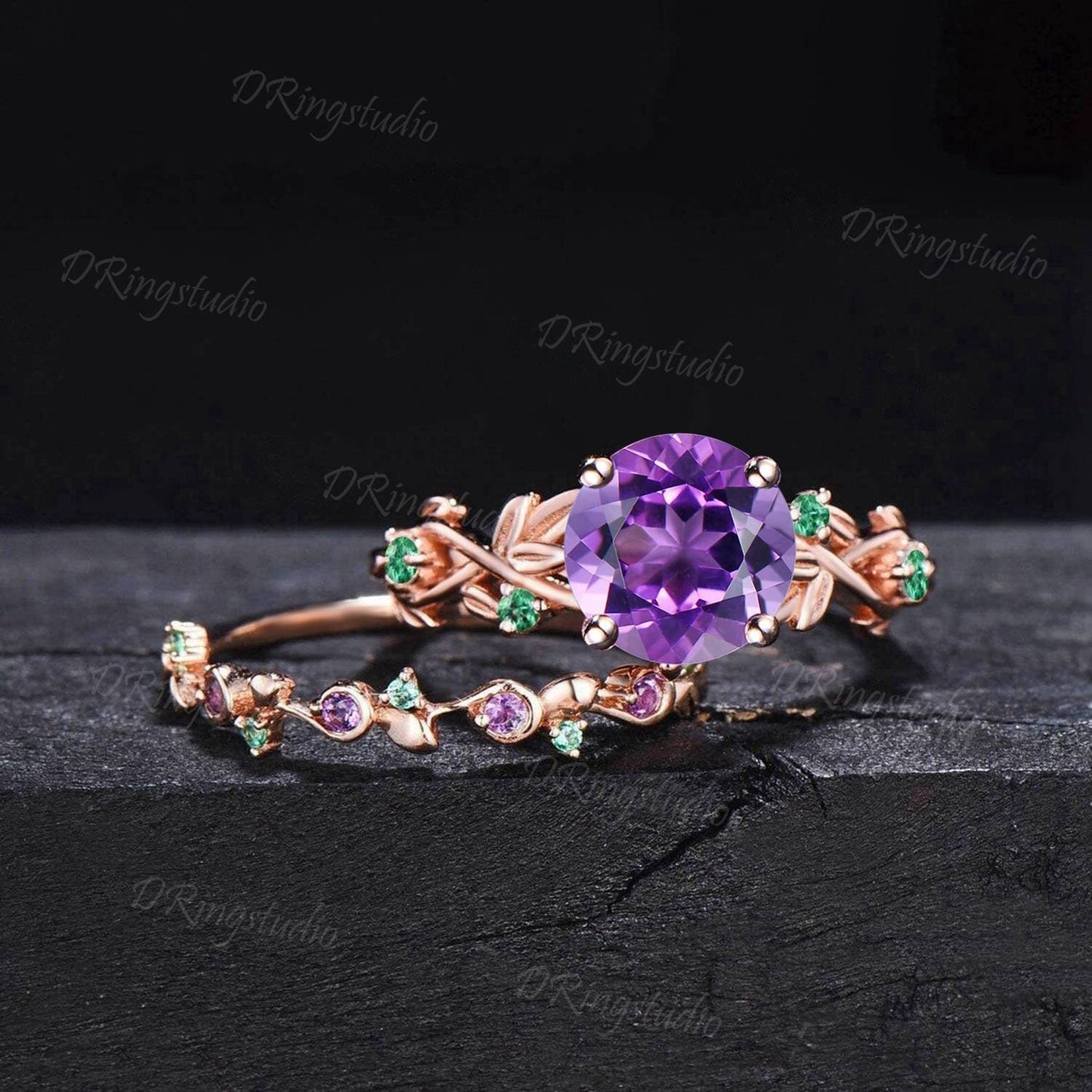 Nature Inspired Round Amethyst Emerald Branch Engagement Ring Set Natural Purple Crystal Wedding Ring Set February Birthstone Birthday Gifts