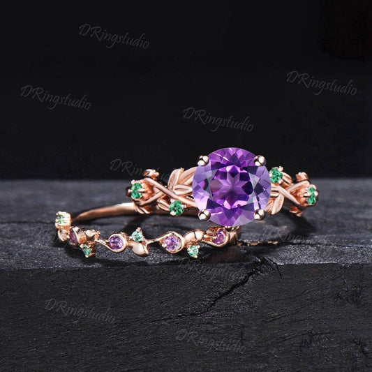 Nature Inspired Round Amethyst Emerald Branch Engagement Ring Set Natural Purple Crystal Wedding Ring Set February Birthstone Birthday Gifts