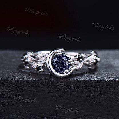 Nature Inspired Galaxy Blue Goldstone Engagement Ring Moon Star Design Rose Gold Round Blue Sandstone Branch Leaf Alexandrite Wedding Ring