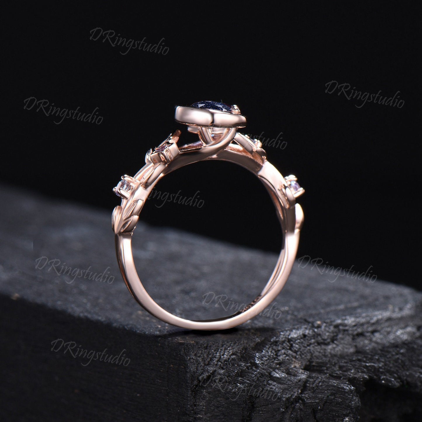 Nature Inspired Galaxy Blue Goldstone Engagement Ring Moon Star Design Rose Gold Round Blue Sandstone Branch Leaf Alexandrite Wedding Ring