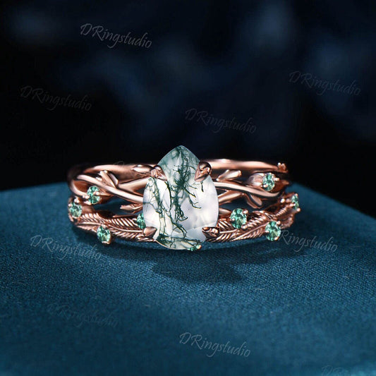 1.25ct Nature Inspired Natural Moss Agate Ring Twig Engagement Ring Set Green Emerald Branch Vine Pear Wedding Ring Aquatic Agate Bridal Set